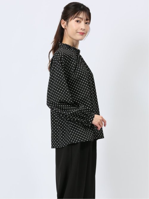 ドット柄 長袖プルオーバーブラウス(M 95モノトーン