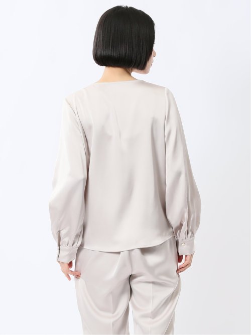 光沢サテン 長袖プルオーバーブラウス(セットアップ可能)