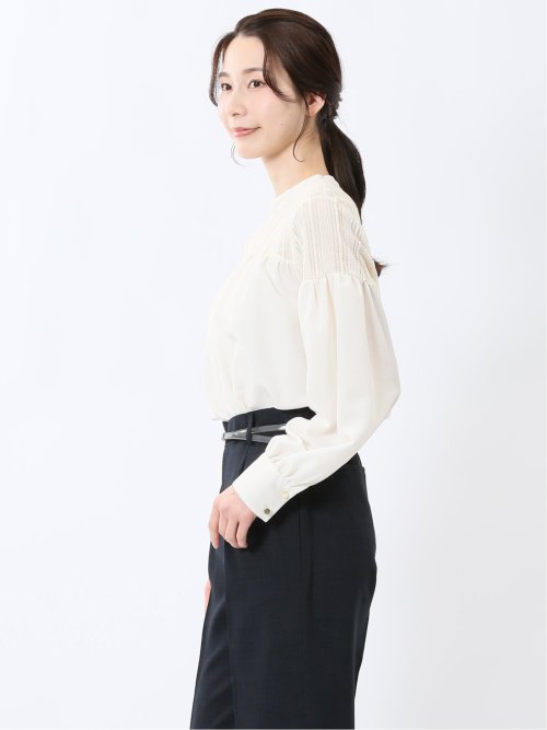 レースサテン 長袖プルオーバーブラウス