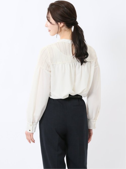 レースサテン 長袖プルオーバーブラウス