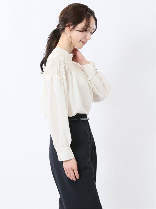 レースサテン 長袖プルオーバーブラウス