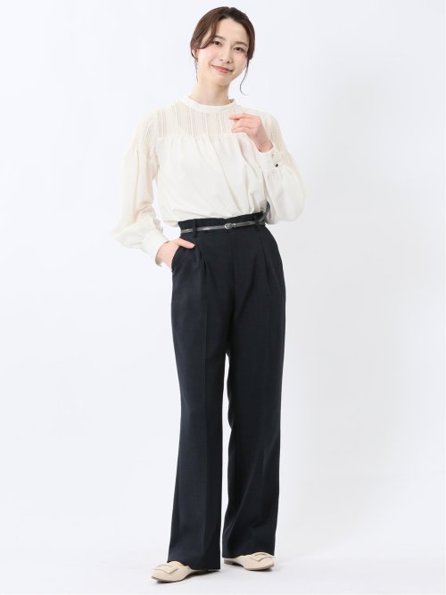 レースサテン 長袖プルオーバーブラウス