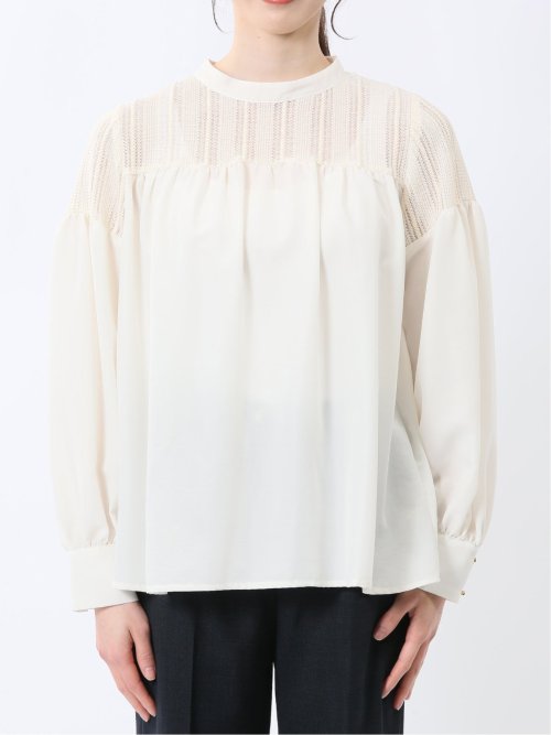 レースサテン 長袖プルオーバーブラウス