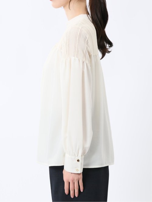 レースサテン 長袖プルオーバーブラウス