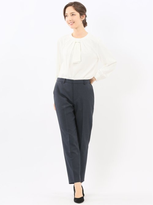 金具付きボウタイ風 長袖プルオーバーブラウス