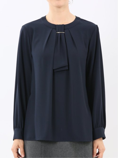 金具付きボウタイ風 長袖プルオーバーブラウス