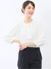 金具付きボウタイ風 7分袖プルオーバーブラウス