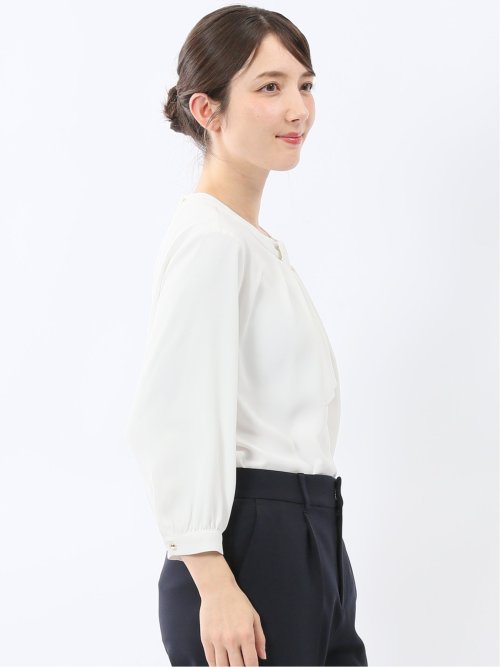 金具付きボウタイ風 7分袖プルオーバーブラウス