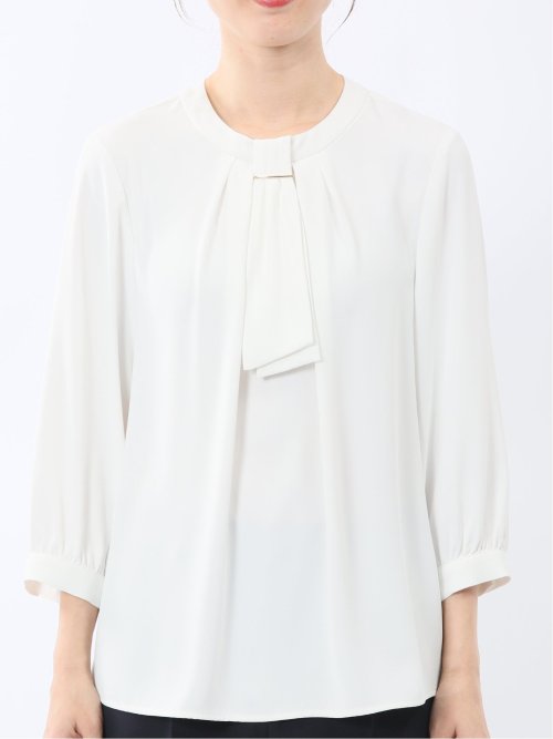 金具付きボウタイ風 7分袖プルオーバーブラウス
