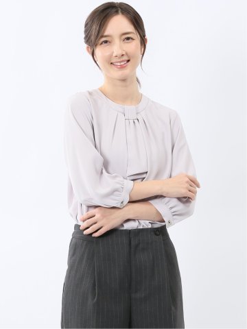 金具付きボウタイ風 7分袖プルオーバーブラウス