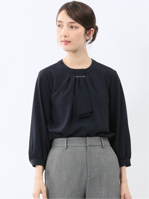 金具付きボウタイ風 7分袖プルオーバーブラウス