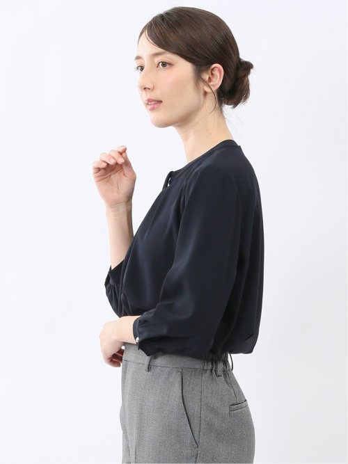 金具付きボウタイ風 7分袖プルオーバーブラウス