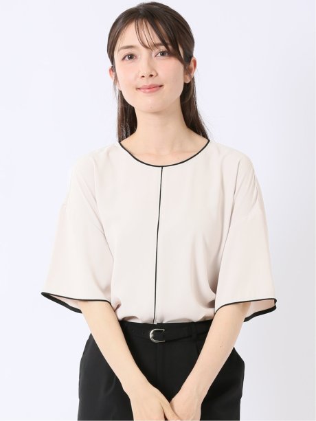 配色 パイピング 半袖 プルオーバー ブラウス
