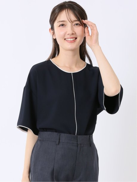 配色 パイピング 半袖 プルオーバー ブラウス