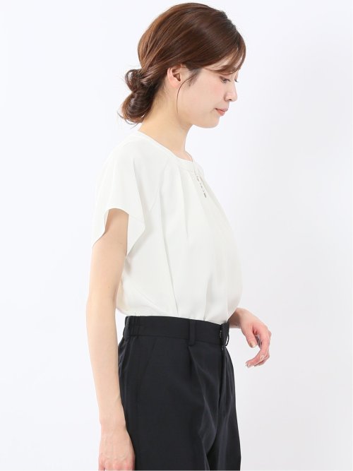 キーネック 半袖 プルオーバー ブラウス