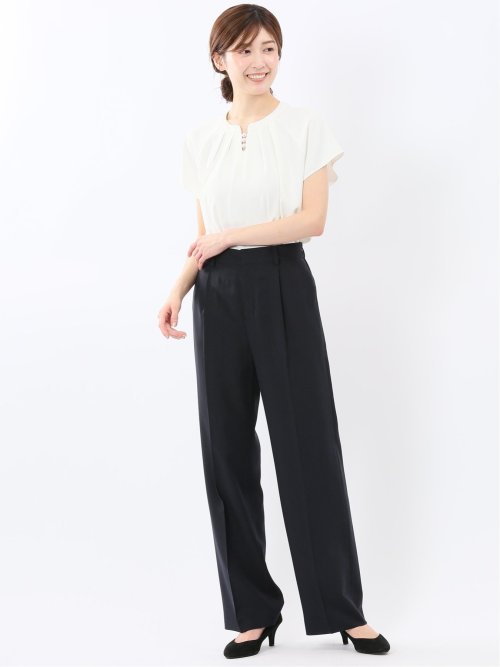 キーネック 半袖 プルオーバー ブラウス