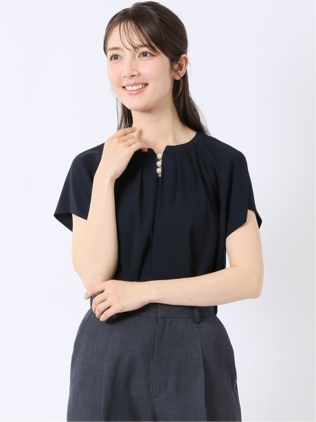 キーネック 半袖 プルオーバー ブラウス