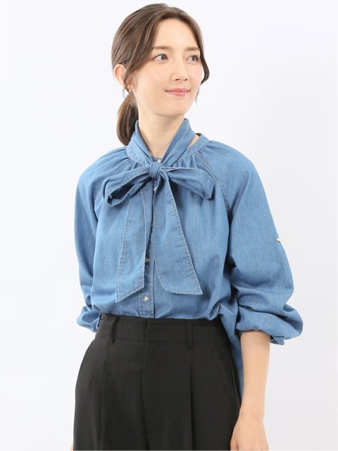 ボウタイ付き バンドカラー デニムブラウス
