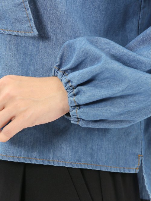 ボウタイ付き バンドカラー デニムブラウス