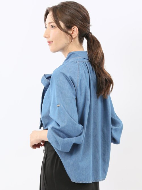 ボウタイ付き バンドカラー デニムブラウス