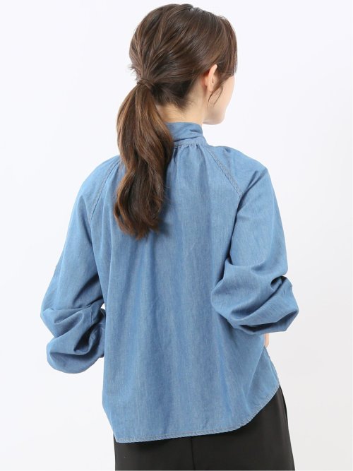 ボウタイ付き バンドカラー デニムブラウス