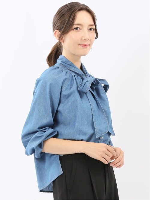 ボウタイ付き バンドカラー デニムブラウス