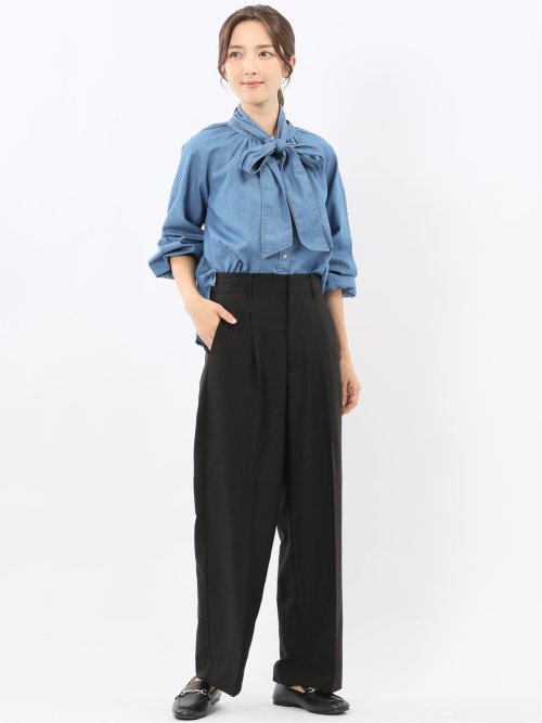 ボウタイ付き バンドカラー デニムブラウス