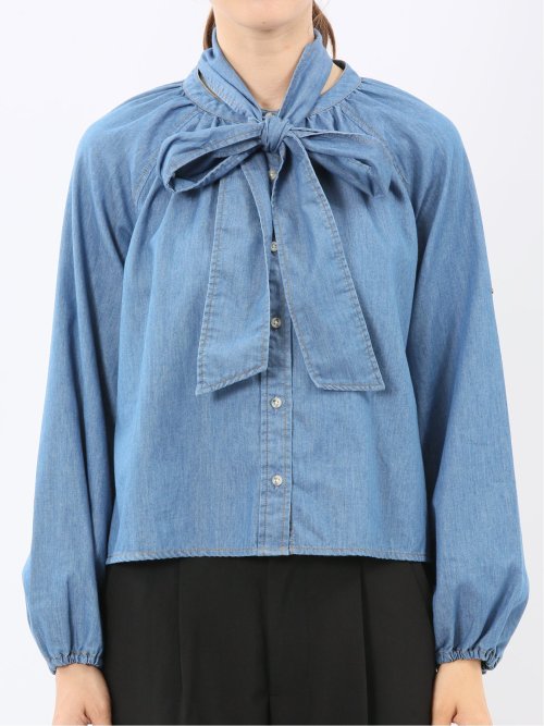 ボウタイ付き バンドカラー デニムブラウス