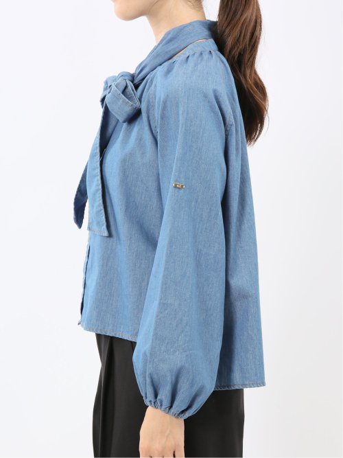 ボウタイ付き バンドカラー デニムブラウス