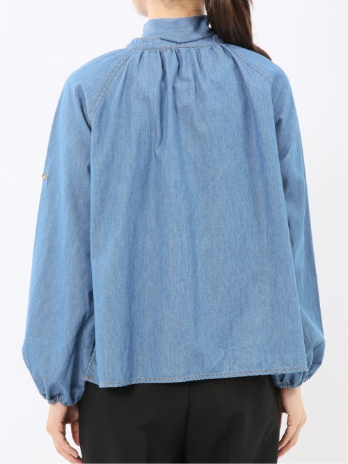 ボウタイ付き バンドカラー デニムブラウス