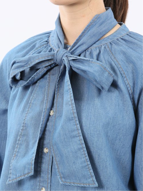 ボウタイ付き バンドカラー デニムブラウス