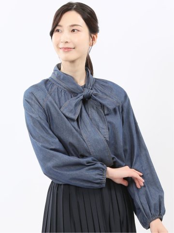 ボウタイ付き バンドカラー デニムブラウス