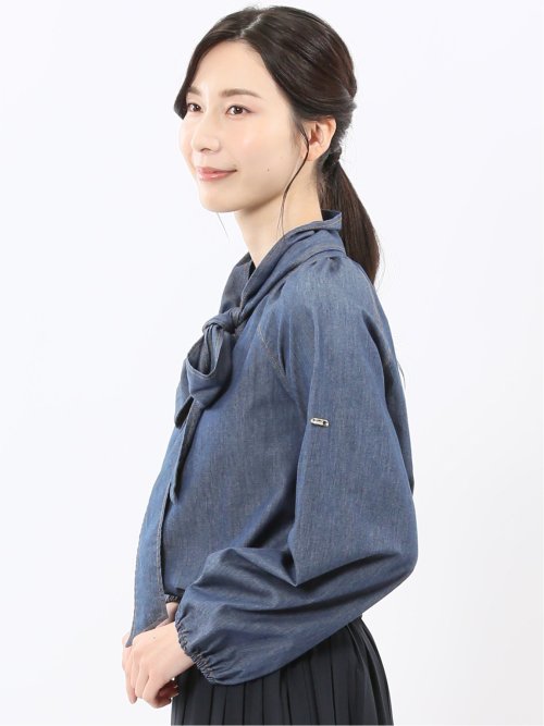 ボウタイ付き バンドカラー デニムブラウス