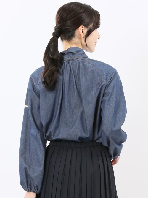 ボウタイ付き バンドカラー デニムブラウス