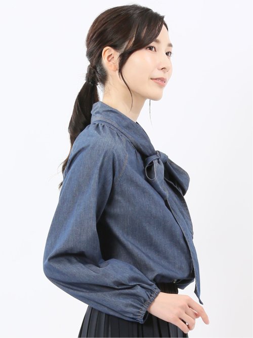 ボウタイ付き バンドカラー デニムブラウス