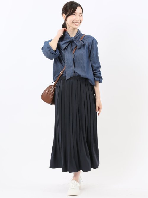 ボウタイ付き バンドカラー デニムブラウス