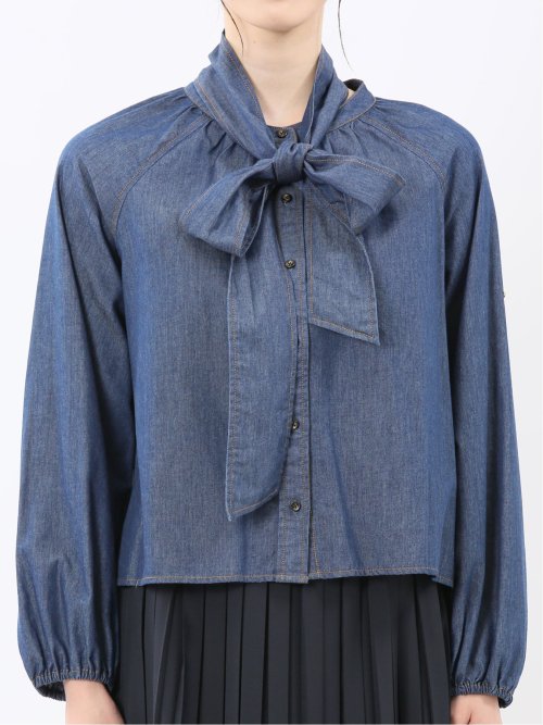 ボウタイ付き バンドカラー デニムブラウス
