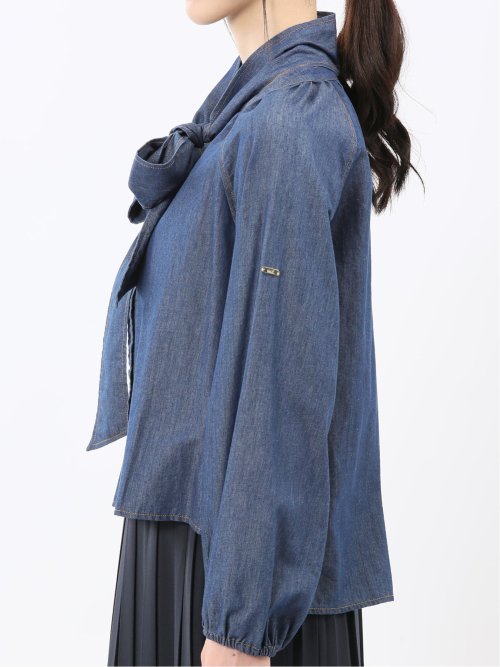 ボウタイ付き バンドカラー デニムブラウス