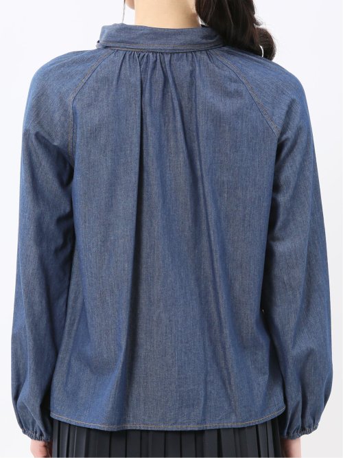 ボウタイ付き バンドカラー デニムブラウス