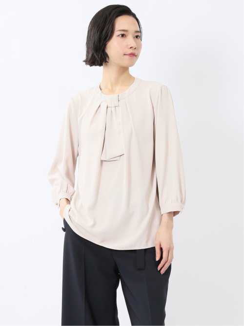 金具付きボウタイ風 7分袖プルオーバーブラウス