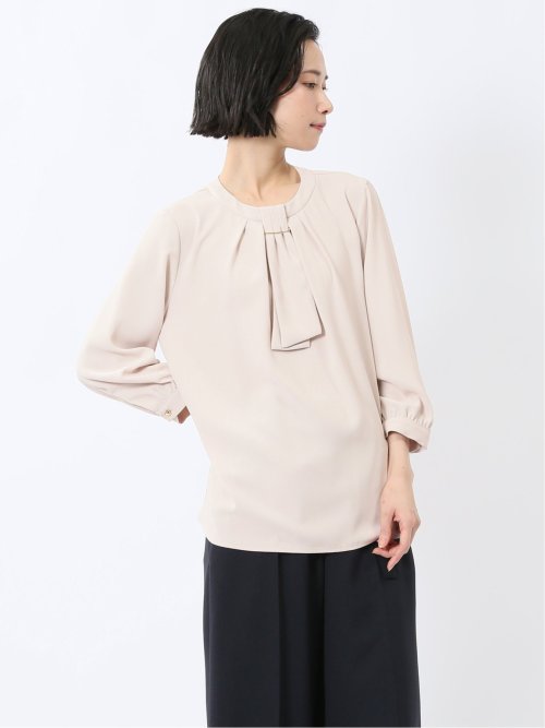 金具付きボウタイ風 7分袖プルオーバーブラウス
