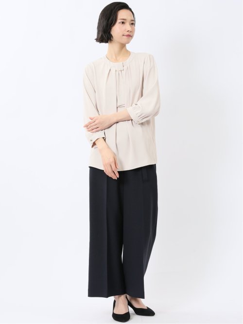 金具付きボウタイ風 7分袖プルオーバーブラウス