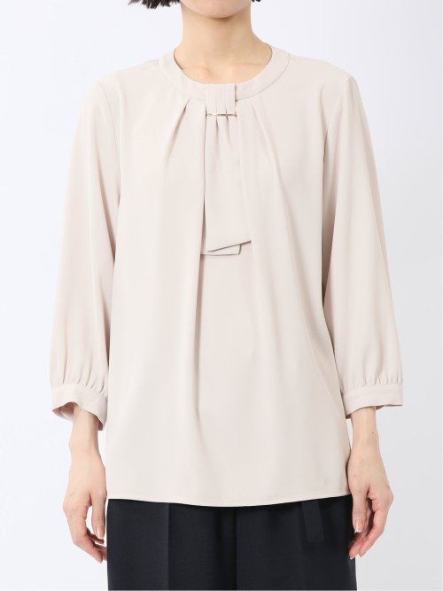 金具付きボウタイ風 7分袖プルオーバーブラウス