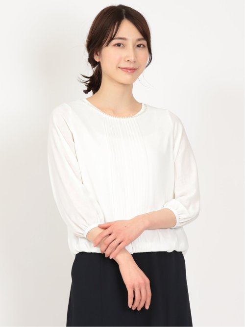 ビジュー付 クルー7分袖プルオーバーブラウス