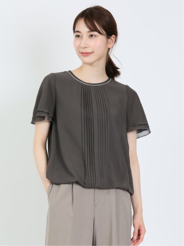 ビジュー付 クルー半袖プルオーバーブラウス