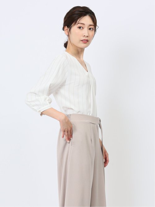 プリント Vネック 7分袖プルオーバーブラウス