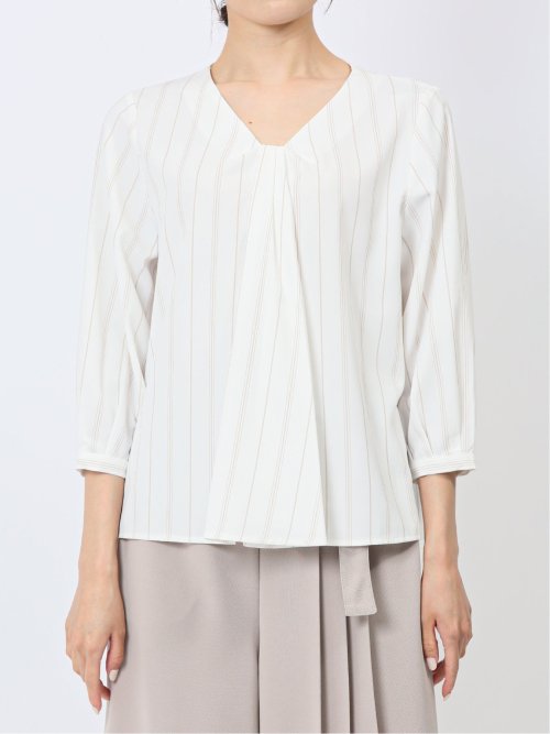 プリント Vネック 7分袖プルオーバーブラウス