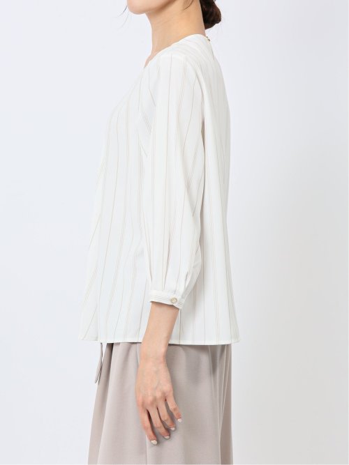 プリント Vネック 7分袖プルオーバーブラウス