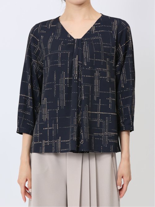 プリント Vネック 7分袖プルオーバーブラウス