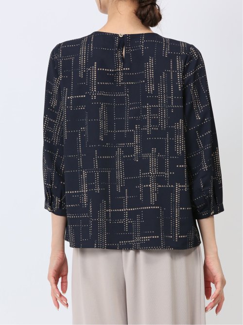 プリント Vネック 7分袖プルオーバーブラウス